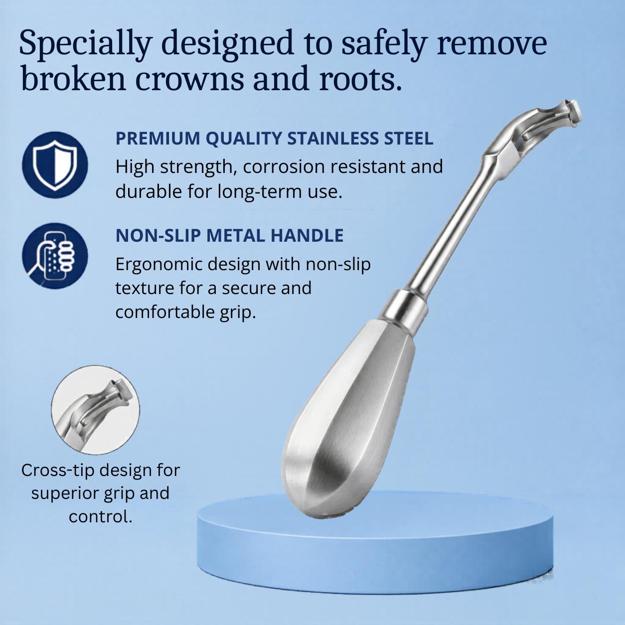 Dental crown and root extractor: stainless steel, non-slip handle and cross tip